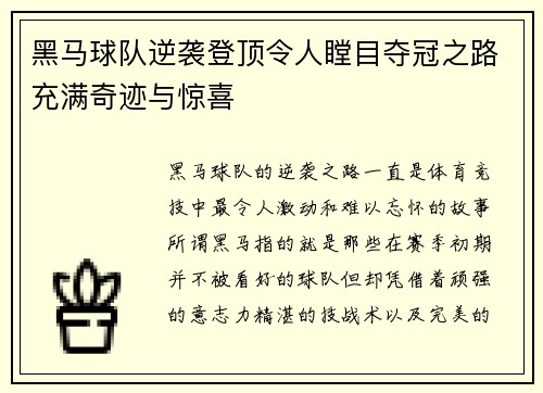 黑马球队逆袭登顶令人瞠目夺冠之路充满奇迹与惊喜