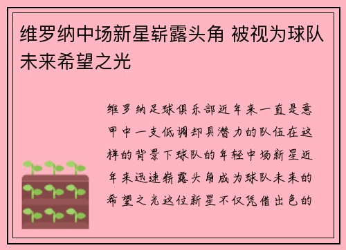 维罗纳中场新星崭露头角 被视为球队未来希望之光