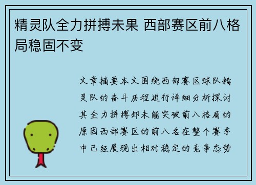 精灵队全力拼搏未果 西部赛区前八格局稳固不变
